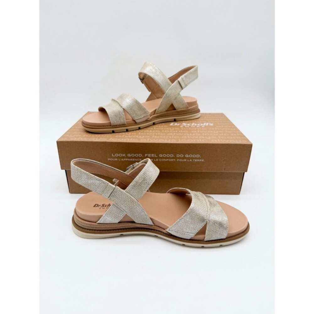 Dr Scholl's Timeless Fun Strappy Comfort Sandals Hook Loop Metallic Gold 6.5 NEW